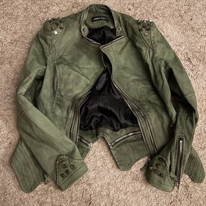 Army green Lookbook Jacket with zipper and studded details